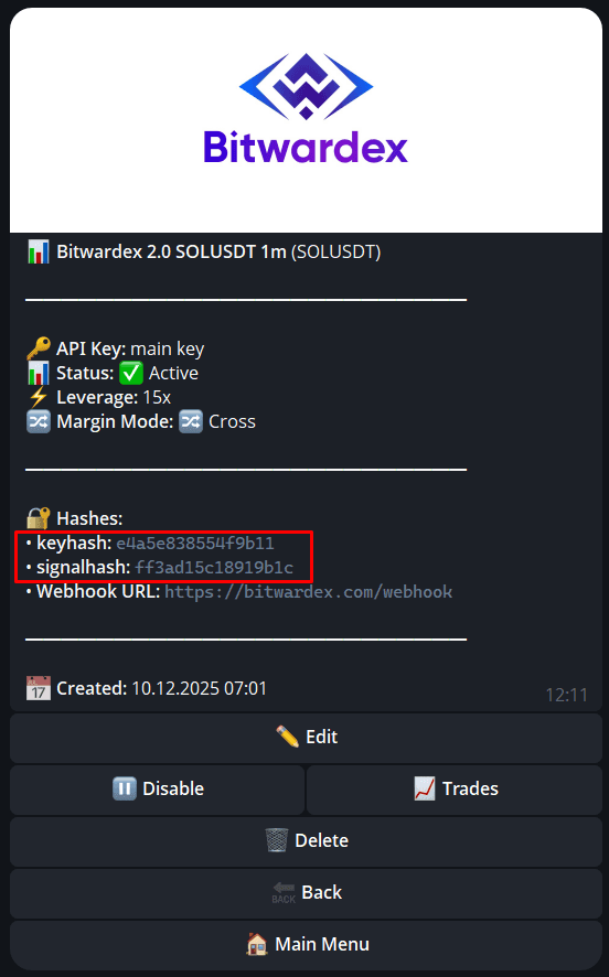 Panel with Key Hash and Signal Hash